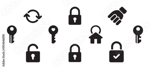 Security and property management icons featuring keys padlocks house symbol and circular update arrows set