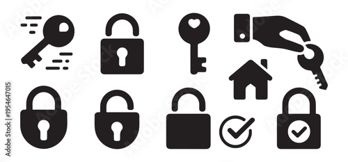 Security lock and key vector icon set for private access and home protection graphics and illustrations