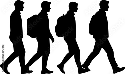 Silhouettes of four men walking with backpacks.
