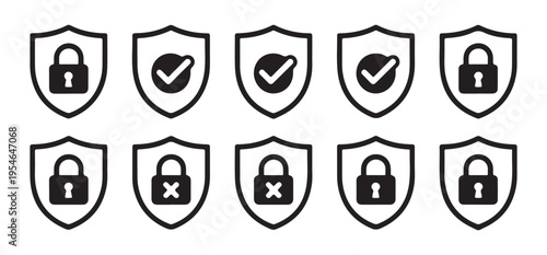 Shield padlock and checkmark icon set representing security, access, protection, and data privacy symbols