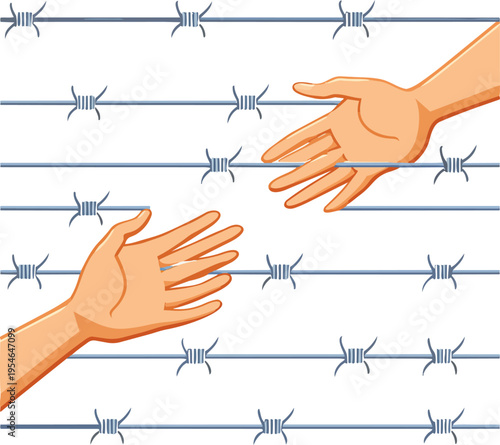 Two hands reaching across barbed wire barrier.