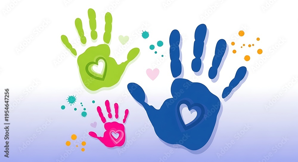 Fototapeta premium Colorful handprints with hearts and paint splatters art design
