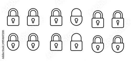 Assorted lock icons in outline style representing security safety and access on white background graphic element