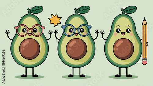 Three cartoon avocados with glasses and smiling faces standing with a pencil and star on a green background