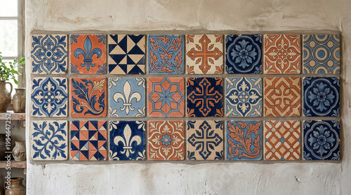 Vintage Tile Artistry: A striking array of handcrafted vintage tiles adorns a weathered wall, each tile showcasing a unique geometric pattern and an array of colors.