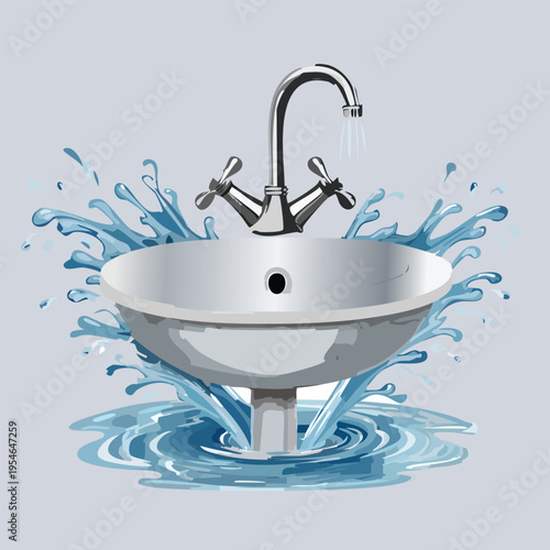 Cartoon illustration of a water tap and sink with splashes in a blue background