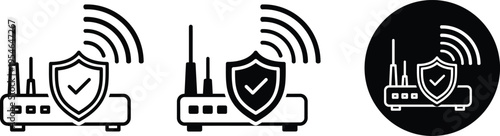 Wifi router security shields with checkmarks and signal waves