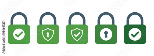 Set of green security padlock icons with check mark and shield symbols for data protection and safety design