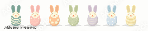 Cute Bunny Easter Egg Collection in Pastel Colors Vector Set for Holiday Greeting Cards, vector illustration.
