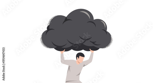 Man holding a dark storm cloud overhead, representing burden or stress