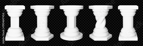 Cylinder white pillar with plinth podium mockup. 3d hexagon column platform for museum exposition or studio for trophy display isolated vector. Roman gallery sculpture to place object for promotion