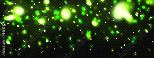 Green firefly light with particle glow effect. Forest twinkle glowing vector background. Magic shimmer overlay with flying bug spark. Luxury bright and festive design. Fluorescent wild powder burst.