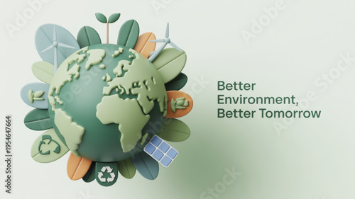 Eco friendly globe with green leaves and sustainable icons symbolizing a better environment for a better tomorrow