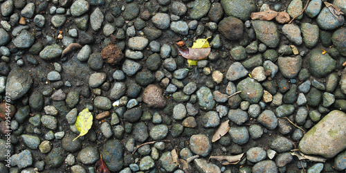 The texture of the ground surface with a stretch of natural small gravel and fallen dry leaves.