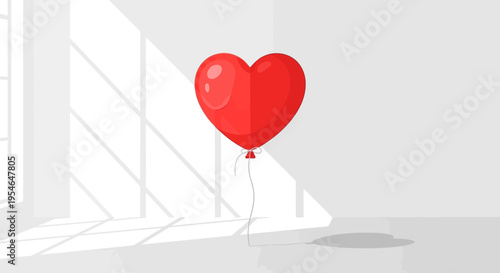 Red Heart Balloon Floating Indoors with Window Shadow