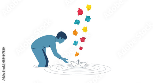 Man launches paper boat with colorful origami stars rising above