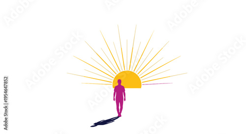 Silhouette of a person walking towards a radiant sunburst, symbolizing hope and new beginnings.