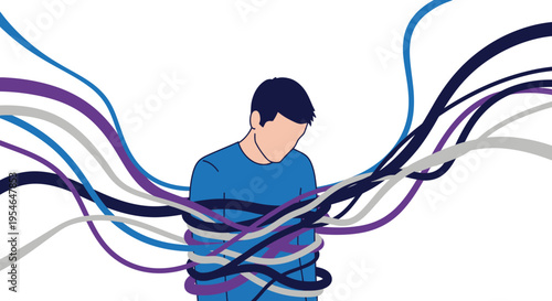 Man Tied Up By Colorful Wires, Feeling Trapped and Overwhelmed