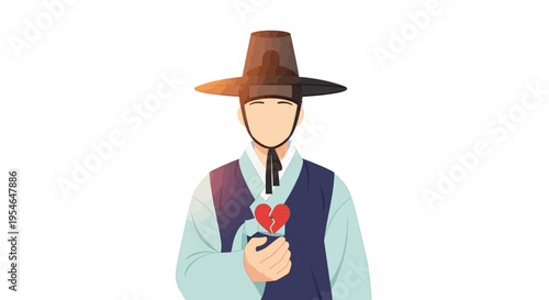 Korean man in traditional hanbok holding broken heart, sadness, heartbreak concept