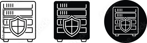 Three variations of a shield protected server cabinet icon