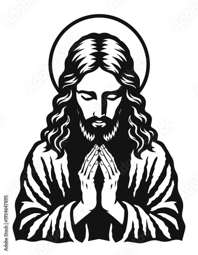 Jesus Christ, shown with a halo, long hair, and a beard. His eyes are closed and his hands are pressed together in prayer, symbolizing devotion and spiritual reflection.