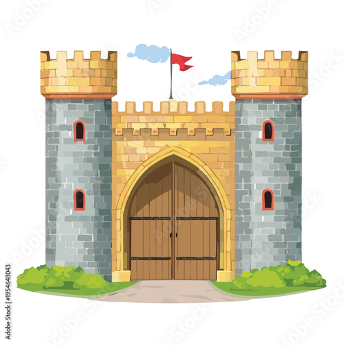 Cartoon castle illustration with towers gate and flag against a white backdrop