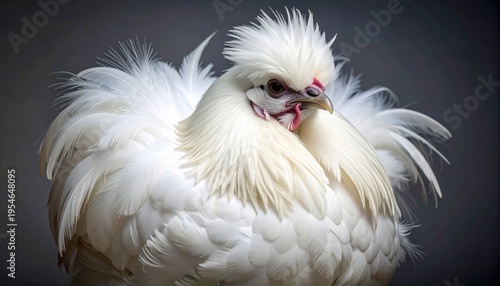 Elegant White Silkie Hen with Luxuriant Plumage