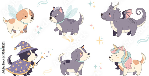 Cute Cartoon Dog Characters with Fantasy Elements Including Wizard Unicorn Dragon Wings and Magical Creatures Set Adorable Puppy Animals Flat Vector Illustration