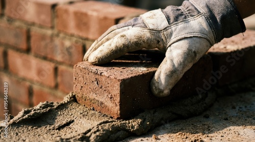Close-Up of a Construction Worker Laying a Brick with Gloves on a Building Site