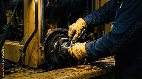 Mechanic Performing Precision Repair on Yellow Engine Component with Tools in Workshop Setting