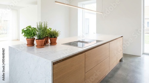 Modern Minimalist Kitchen Design Featuring Wooden Island and Potted Herbs in Bright Open Space