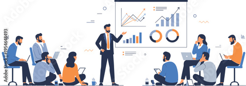 Business Team Meeting Presentation Concept with Analytics Charts Graphs Data Visualization Strategy Discussion Office Training Seminar and Corporate Planning Flat Vector Illustration