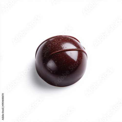 single luxury chocolate bonbon with glossy shell and refined swirl pattern isolated on pure white background, premium artisan dark chocolate candy for gourmet dessert concept