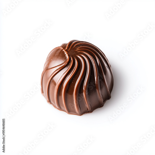 single luxury chocolate bonbon with glossy shell and refined swirl pattern isolated on pure white background, premium artisan dark chocolate candy for gourmet dessert concept