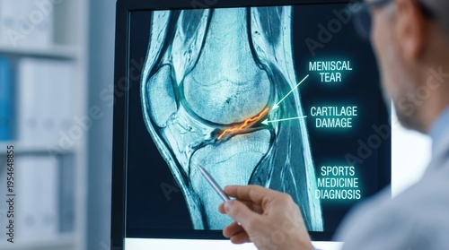 Medical Professional Examining Knee X-Ray on Digital Monitor for Patient Diagnosis and Treatment