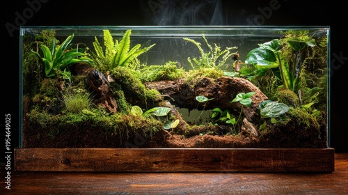 Tropical rainforest vivarium in a glass terrarium featuring lush foliage and small amphibians