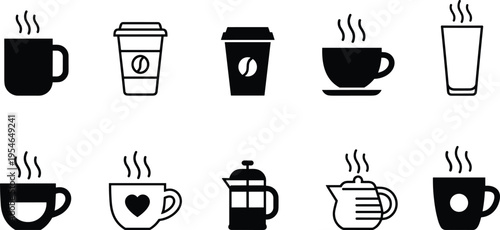 Coffee cup icon set with steaming mugs, takeaway cups and french press silhouettes, hot beverage vector collection for cafe menu, coffee shop branding and drink symbols