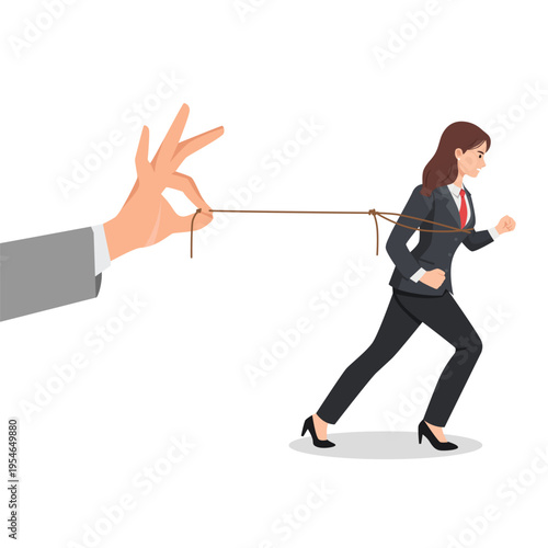 Businesswoman Controlled by Puppet String Running Forward. Flat vector illustration isolated on white background