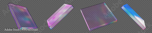 3d glass transparent rectangle, podium or shape element with different angles. Holographic square figure. Y2k neon abstract element. Gradien mesh. Stock vector illustration on isolated background