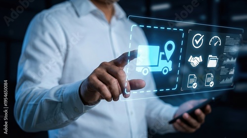 Fleet management, logistics, supply chain, delivery tracking, smart shipping, transportation technology, digital logistics software interface for business monitoring and fleet data.