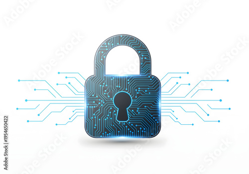 Digital circuit board padlock with glowing blue lines and keyhole isolated on white background