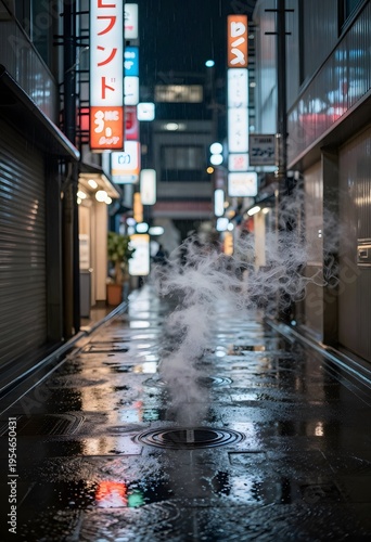 Cinematic Night Scene in Tokyo Alley with Rising Steam from Manhole on Wet Reflective Street and Neon Signs