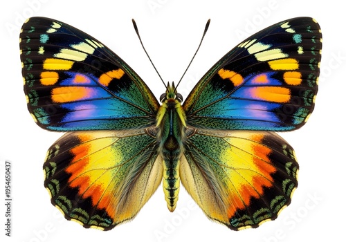 Colorful butterfly with vibrant wings spread wide on white background