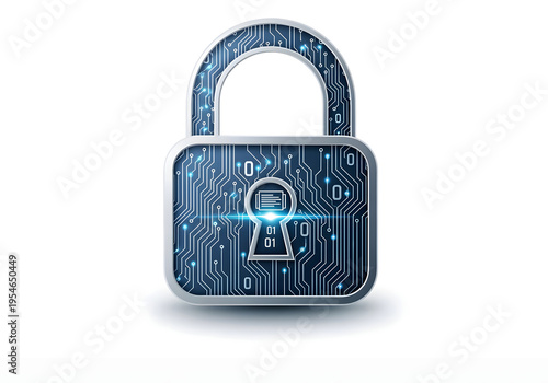 Digital padlock with circuit board design and glowing blue light on white background