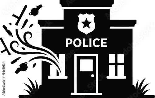 Police station under attack with thrown objects and debris surrounding it