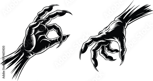 Dark gothic clawed hands illustration with sharp nails forming eerie gestures, horror monster hand silhouette vector isolated for tattoo, halloween, spooky design concept