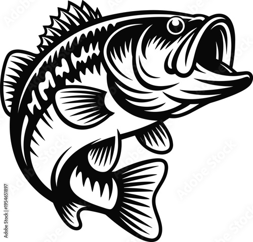 Jumping largemouth bass fish black and white vintage engraving style vector illustration isolated aggressive freshwater predator mascot design for fishing logo sport angling emblem