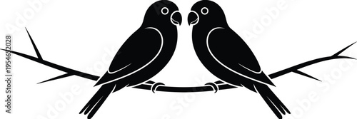 Lovebird couple silhouette sitting on branch, romantic parrots vector illustration isolated on white background, symbol of love, relationship, nature wildlife bird design