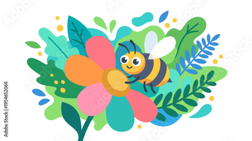 Cute cartoon bee pollinating a vibrant flower amidst lush green foliage and abstract natural elements.