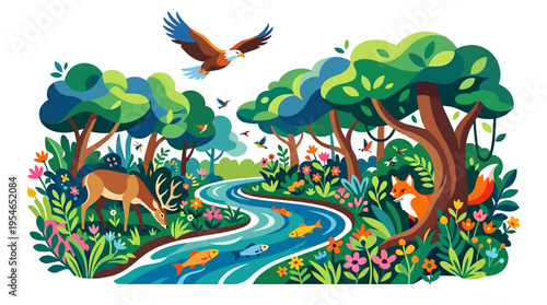 A vibrant, stylized illustration of a lush forest ecosystem with a winding river, diverse wildlife including deer, fox, eagle, and fish, surrounded by abundant trees and colorful flowers.